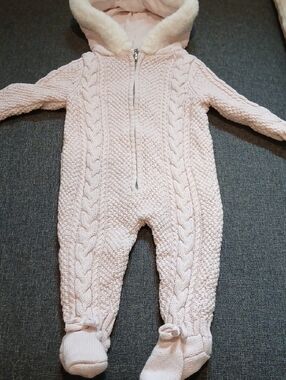 Max Studio Light Pink Hooded Cable-Knit Baby One-Piece